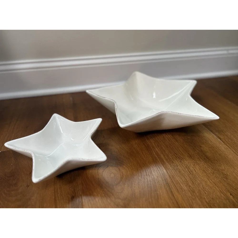 Pottery Barn Star Serving Bowl Dish White Rustic Trim Ceramic Stackable Set 2